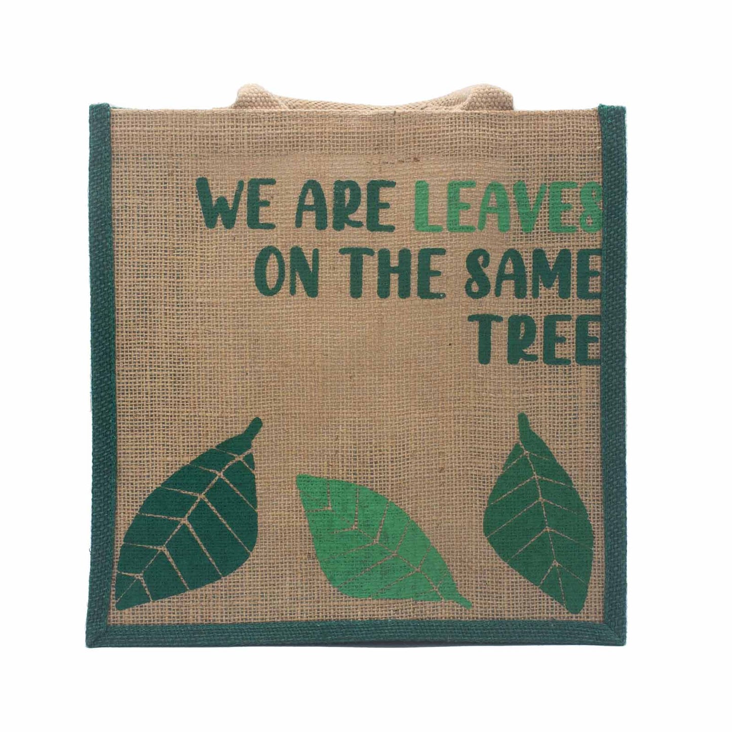 Sac en jute imprimé - Nous sommes des feuilles - Jaune, Bleu et Naturel