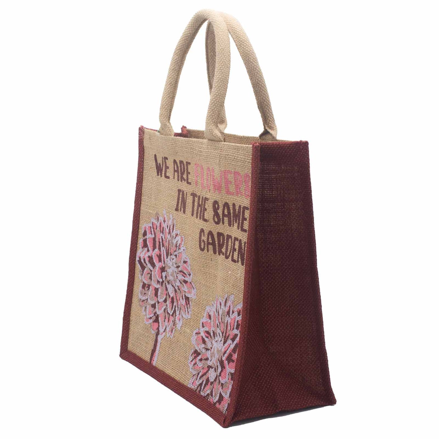 Sac en jute imprimé - Nous sommes des fleurs - Olive, Rose et Naturel