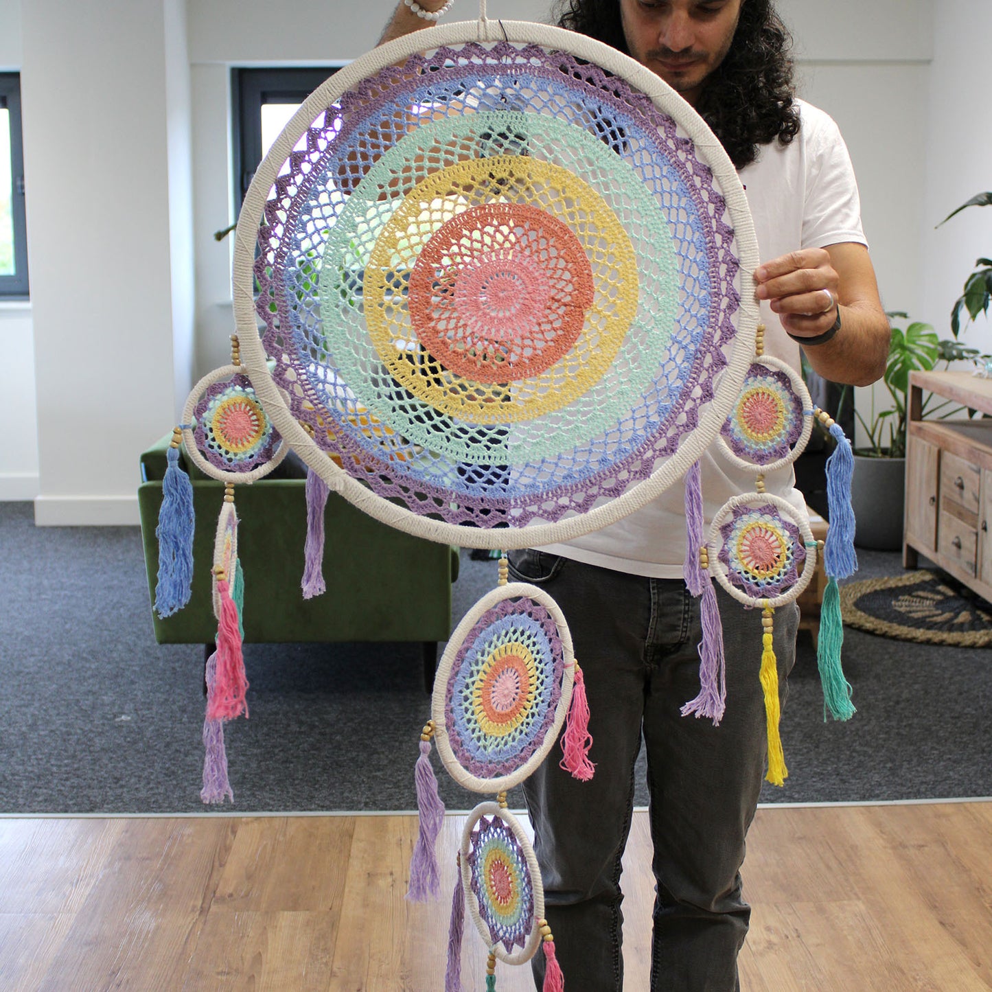Grand attrape-rêves (55 cm) - Arc-en-ciel pastel