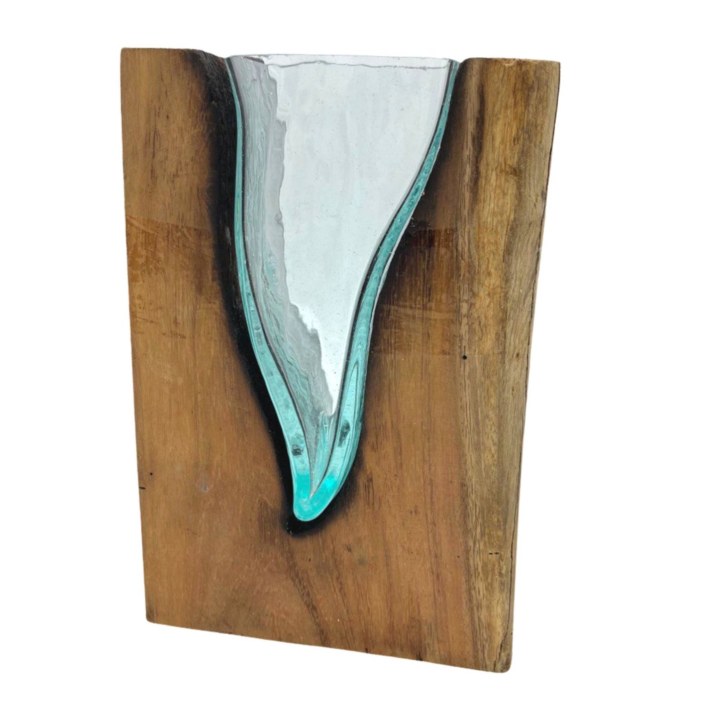 Vase d'art en forme de V en verre fusionné sur bois