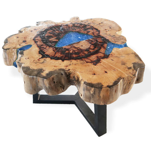 Table basse en tamarin et résine - Bleu ciel