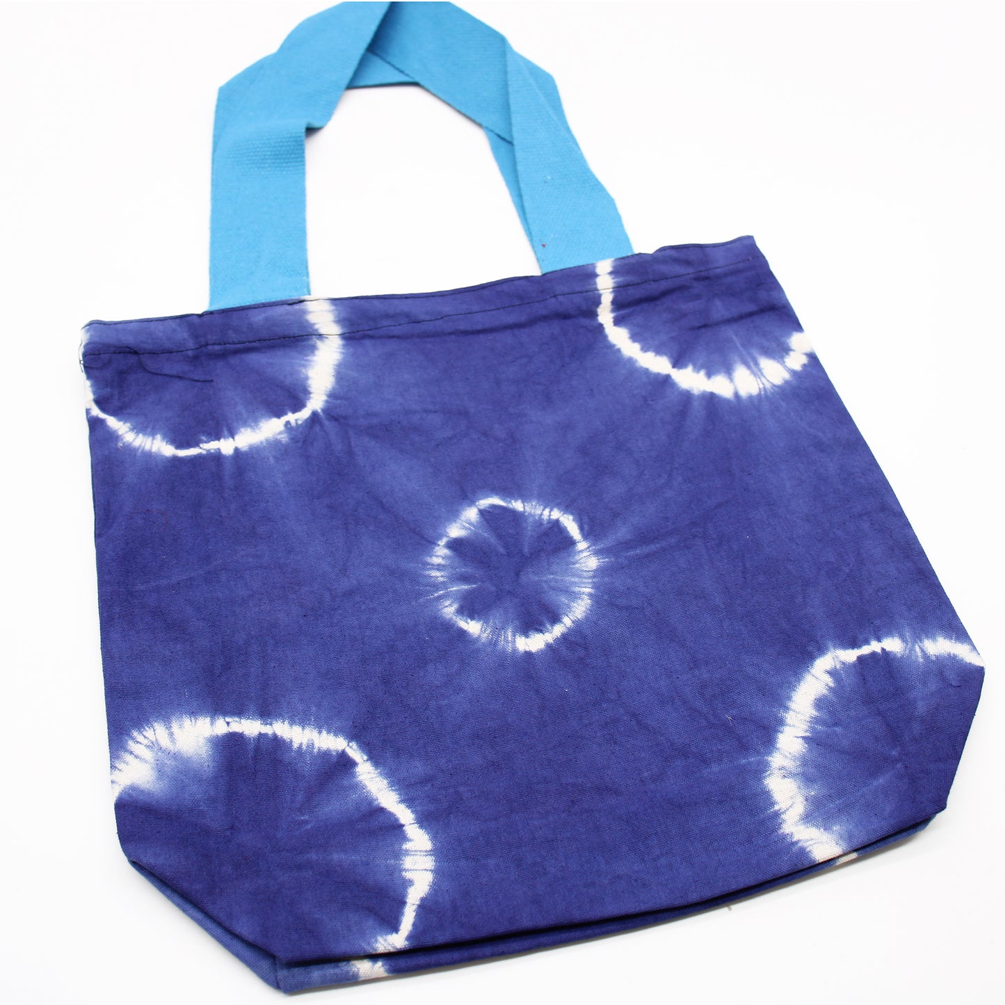 Sac en coton naturel motif « Tie Dye » (220 g) - 38 x 42 x 12 cm - Anneaux bleus - Anse bleue