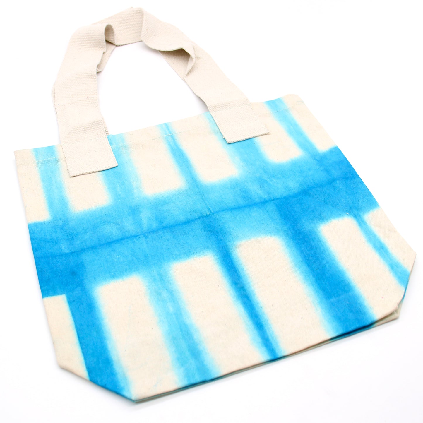 Sac en coton naturel motif « Tie Dye » (220 g) - 38 x 42 x 12 cm - Rectangles bleu clair - Anse naturelle