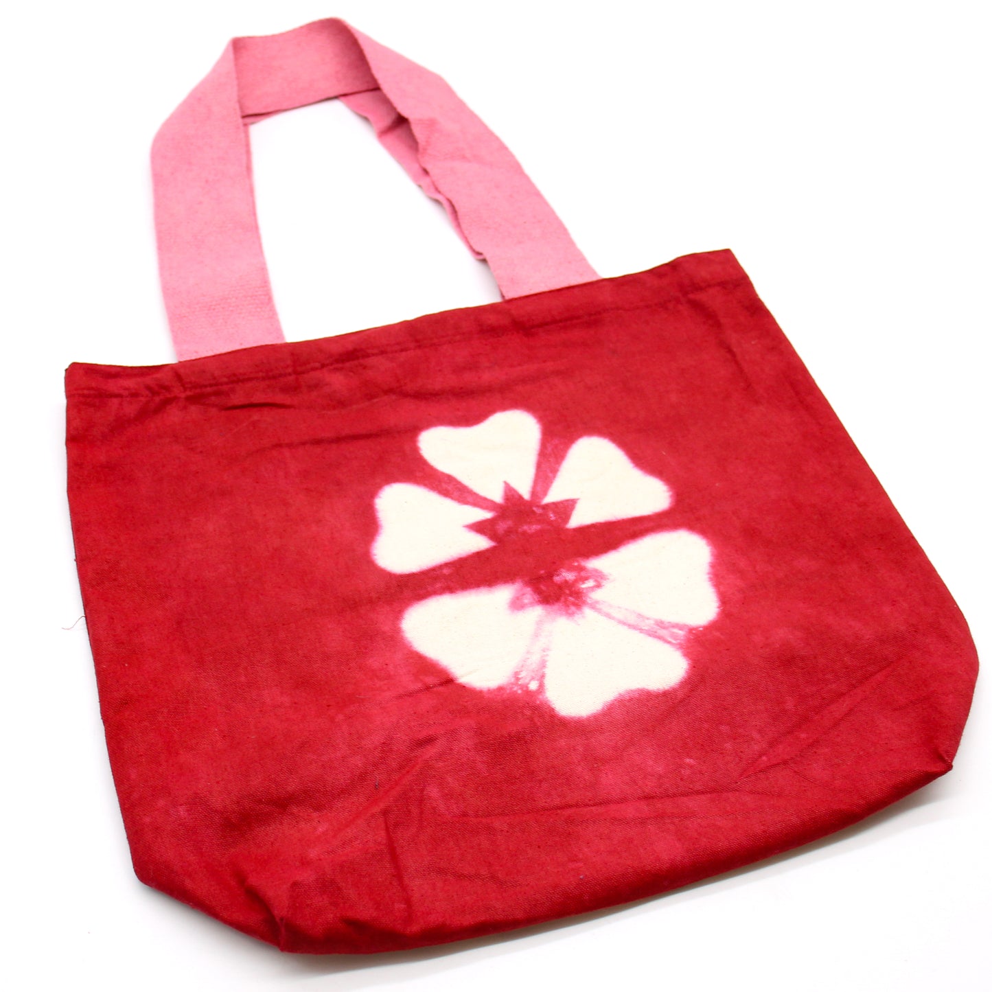 Sac en coton naturel motif « Tie Dye » (220 g) - 38 x 42 x 12 cm - Fleur grenat - Anse rose