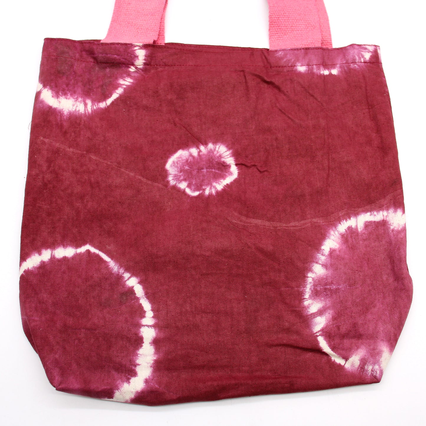Sac en coton naturel motif « Tie Dye » (220 g) - 38 x 42 x 12 cm - Anneaux grenat - Anse rose