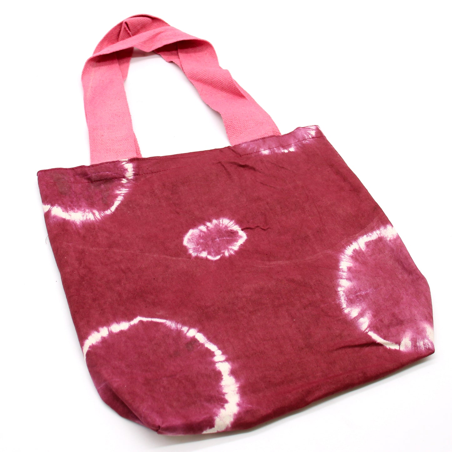 Sac en coton naturel motif « Tie Dye » (220 g) - 38 x 42 x 12 cm - Anneaux grenat - Anse rose