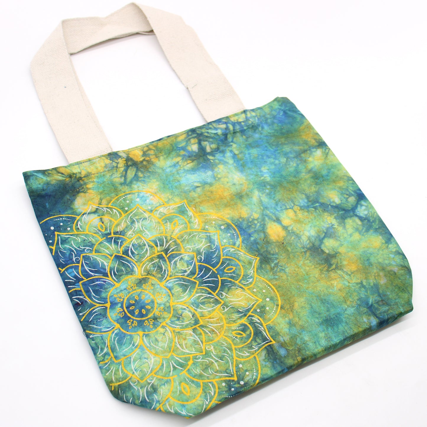 Sacs en coton tie-dye (170 g) - 38 x 42 x 12 cm - Mandala - Vert et bleu - Anse naturelle