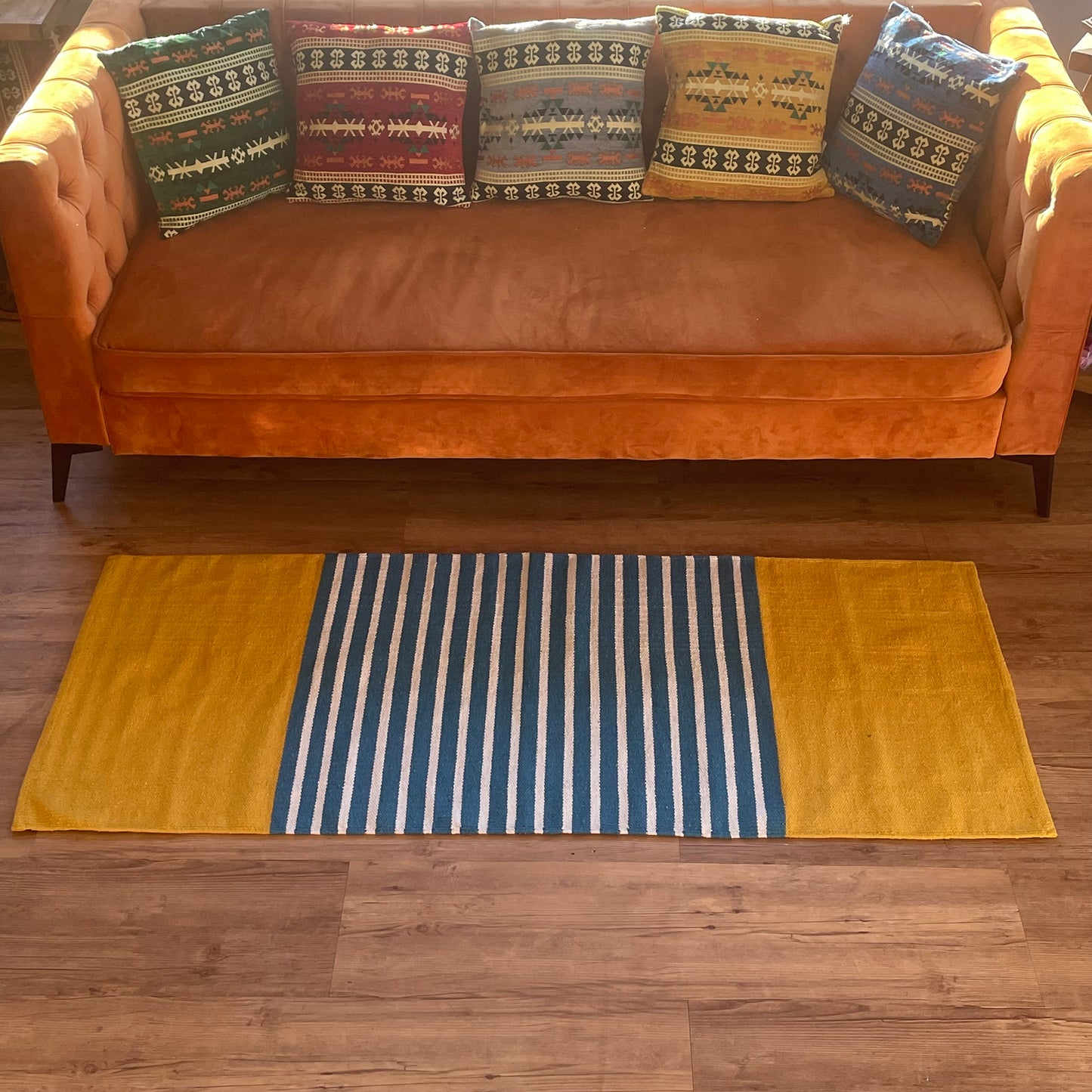 Tapis indien en coton - 70x170cm - Jaune/Bleu