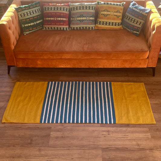 Tapis indien en coton - 70x170cm - Jaune/Bleu