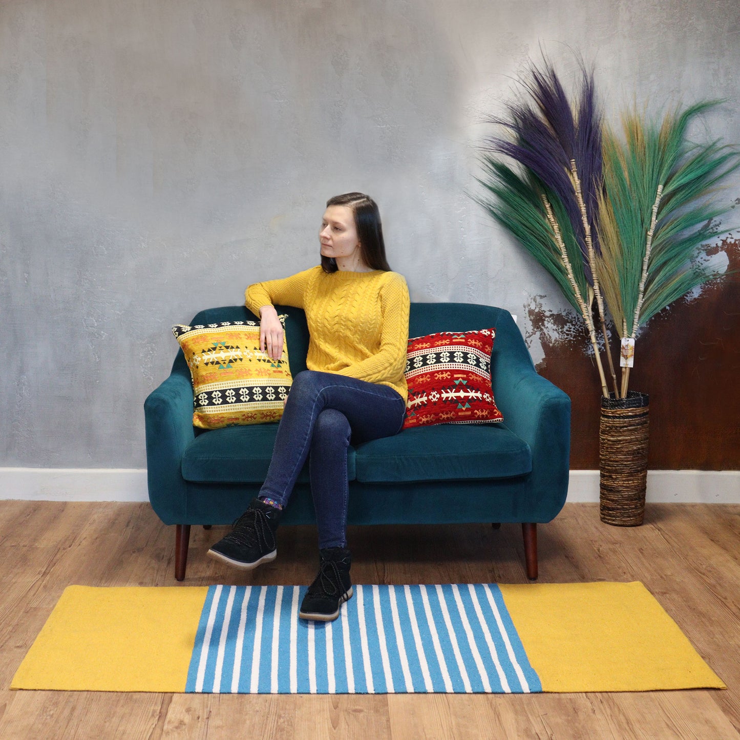 Tapis indien en coton - 70x170cm - Jaune/Bleu