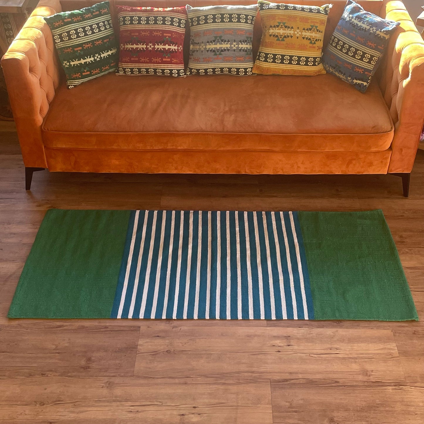 Tapis indien en coton - 70x170cm - Bleu/Vert