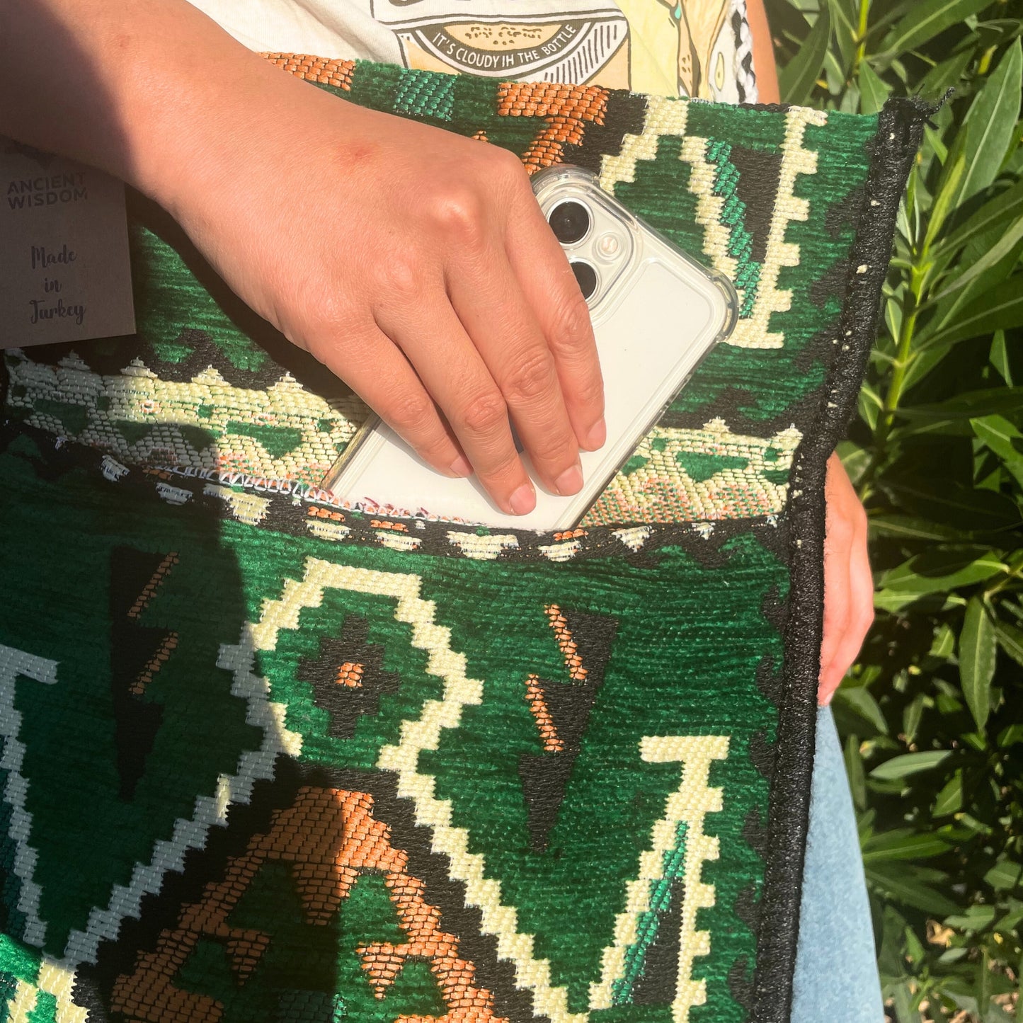 Sac bandoulière de soirée Kilim vert émeraude