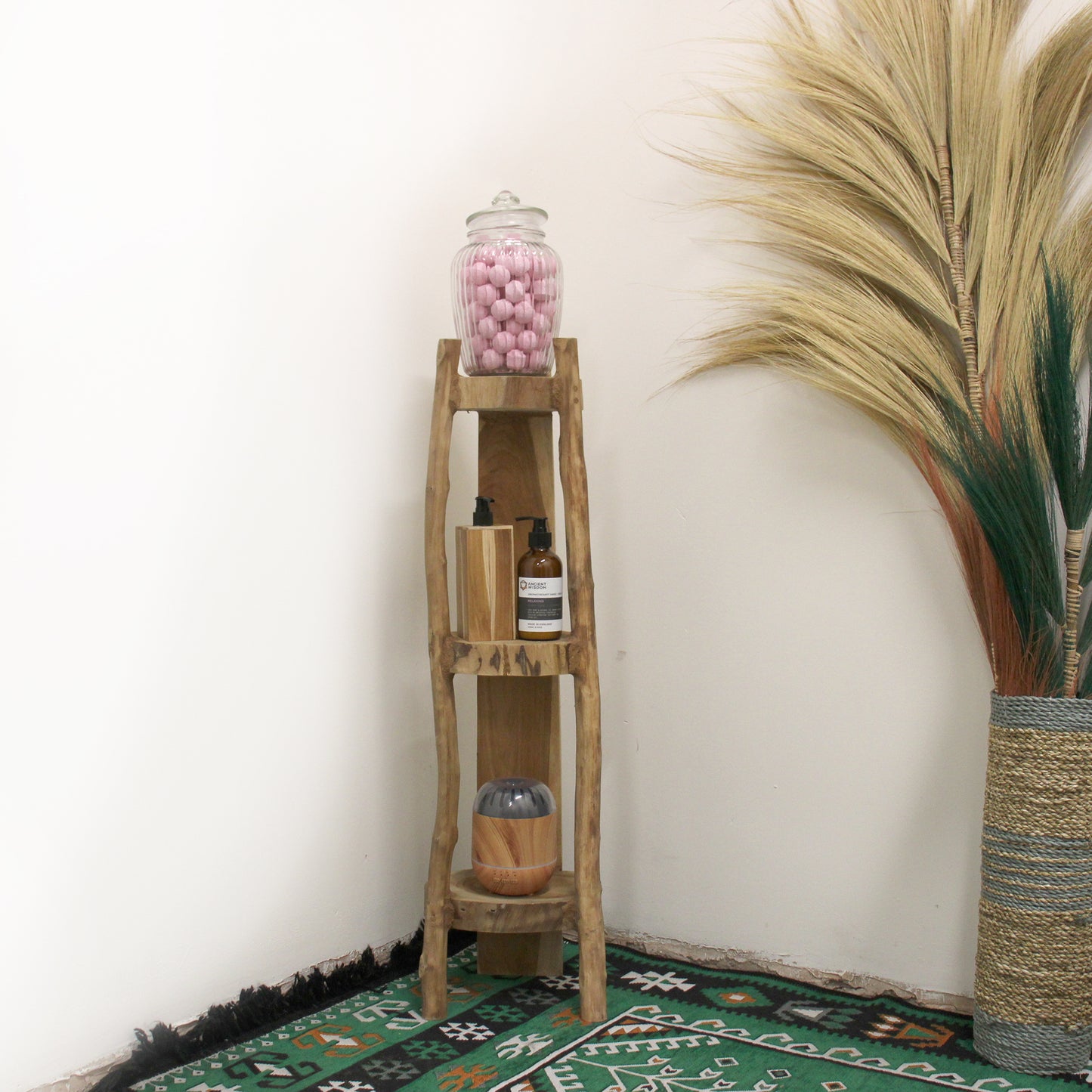 Meuble d'angle avec 3 étagères en teck naturel - hauteur 90 cm
