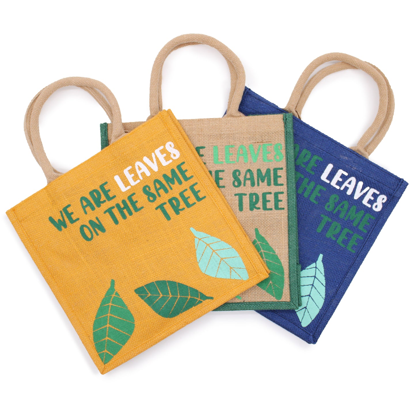 Sac en jute imprimé - Nous sommes des feuilles - Jaune, Bleu et Naturel