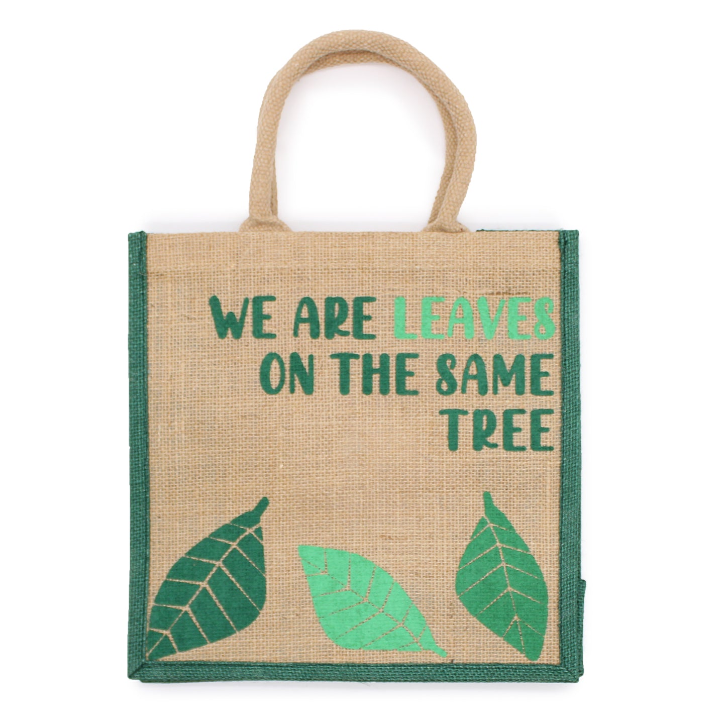 Sac en jute imprimé - Nous sommes des feuilles - Jaune, Bleu et Naturel