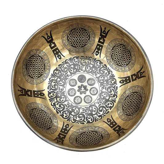 Bol chantant tibétain gravé - 21 cm - 7 chakras et fleur de vie