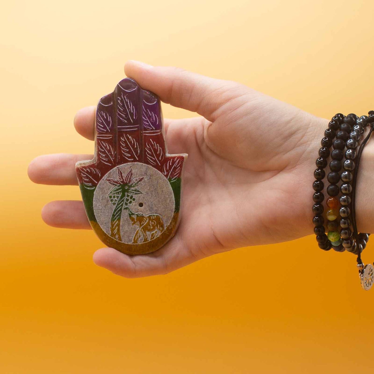 Porte-encens Hamsa en stéatite 9 x 6 cm - Éléphant et palmier