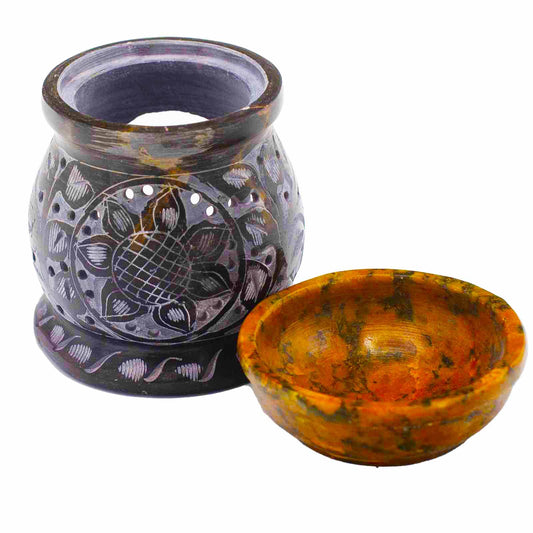 Brûleur à huile en stéatite 10 cm - Fleur Mandala - Noir et jaune