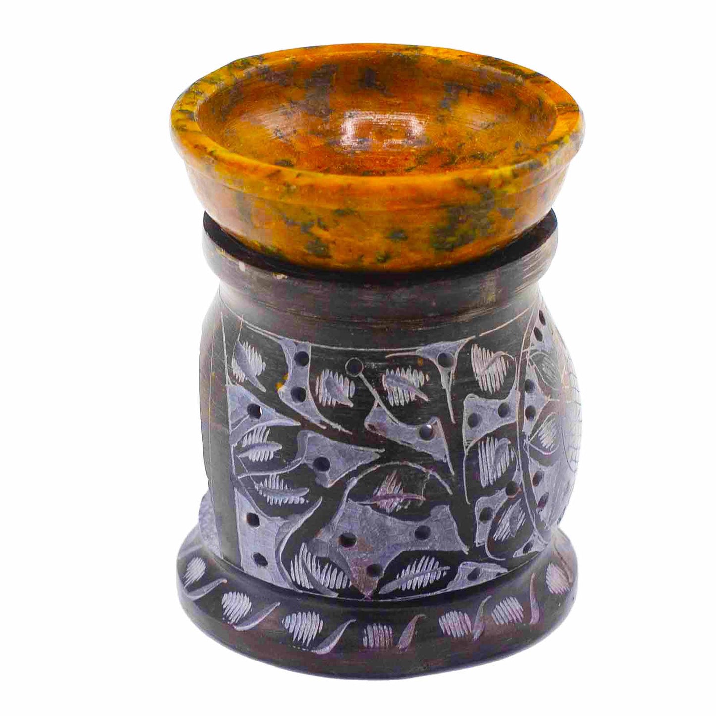 Brûleur à huile en stéatite 10 cm - Fleur Mandala - Noir et jaune