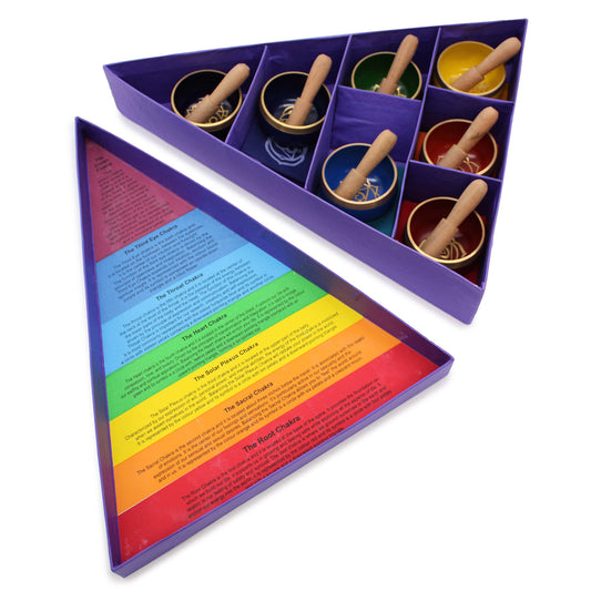 Coffret cadeau de bols chantants tibétains avec pyramide des chakras
