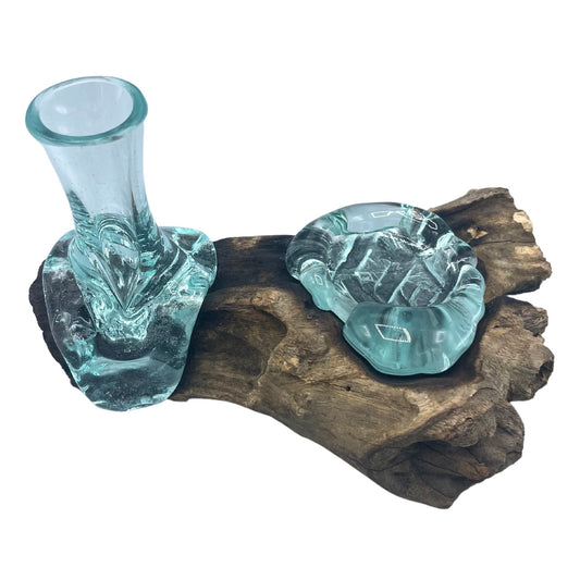 Petit vase en verre fusionné et bougeoir en bois
