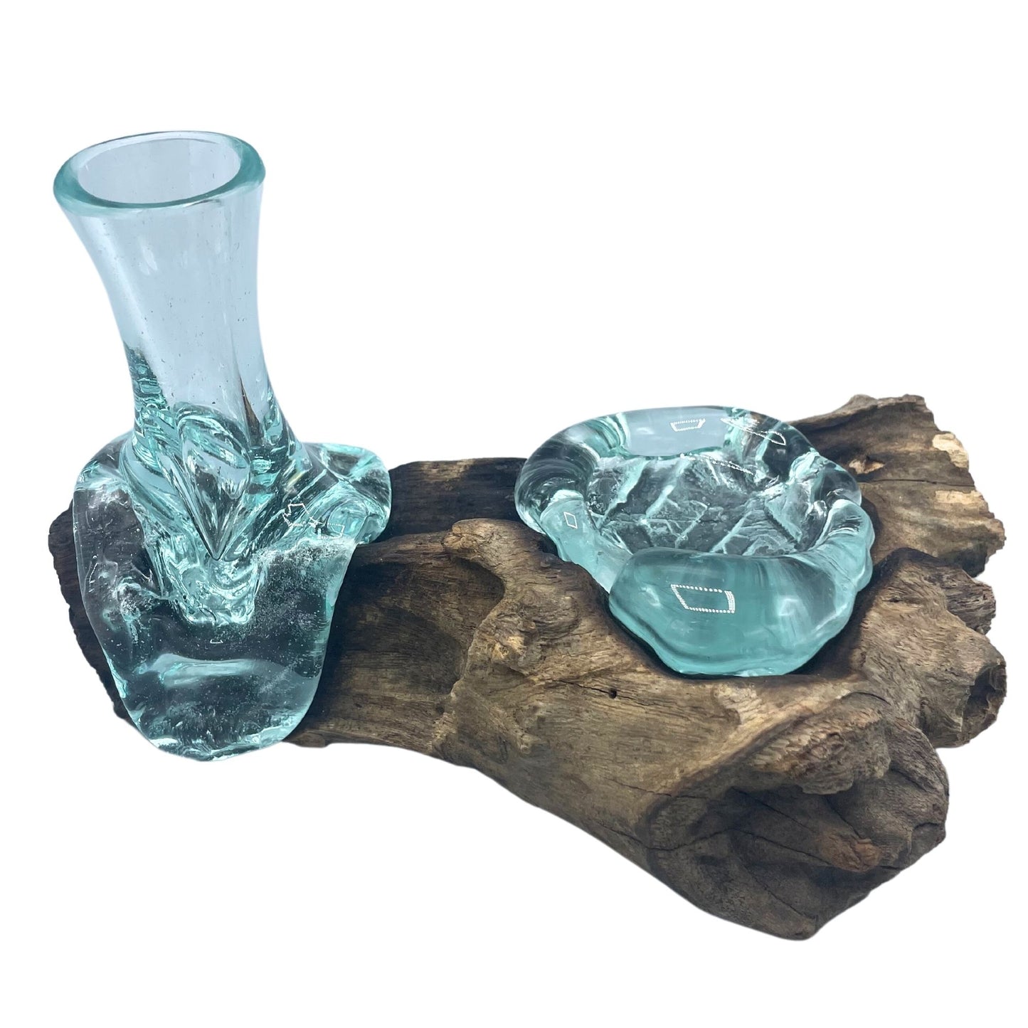 Petit vase en verre fusionné et bougeoir en bois