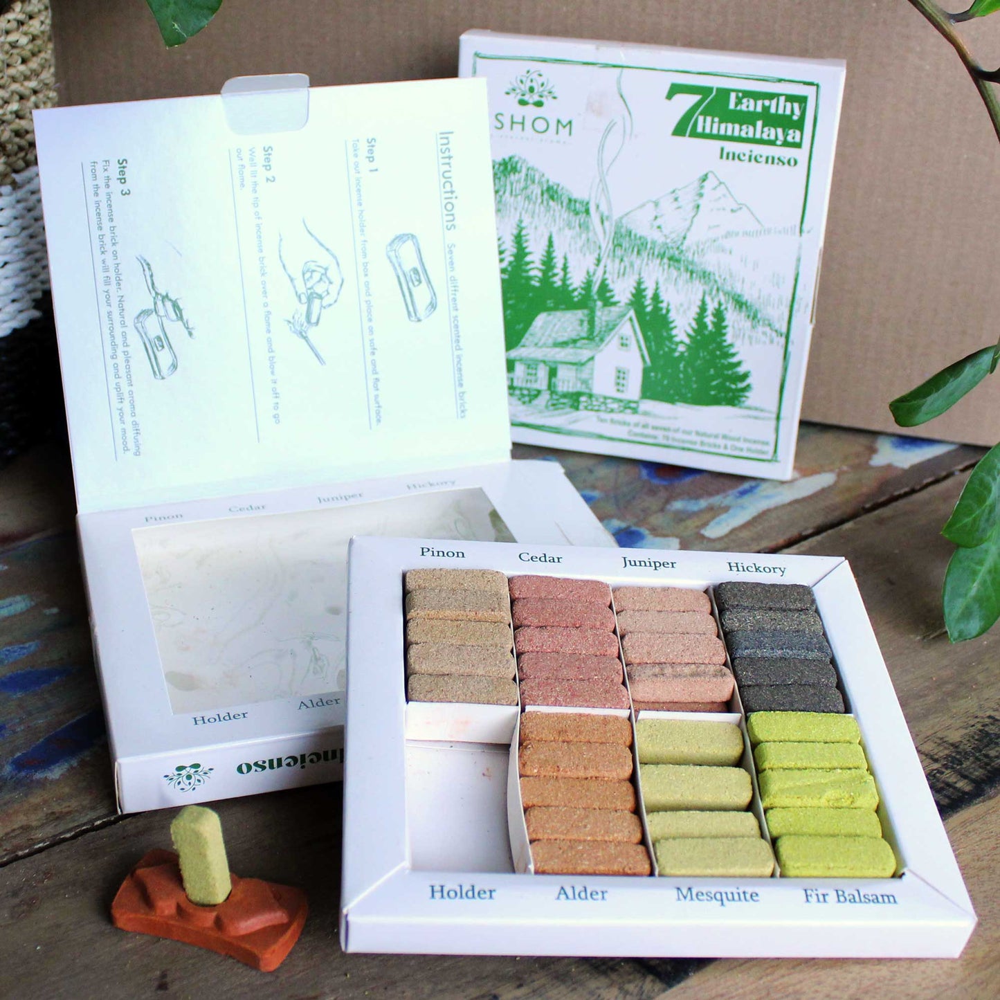 Coffret de 70 briques d'encens et brûleur - 7 encens himalayens terreux