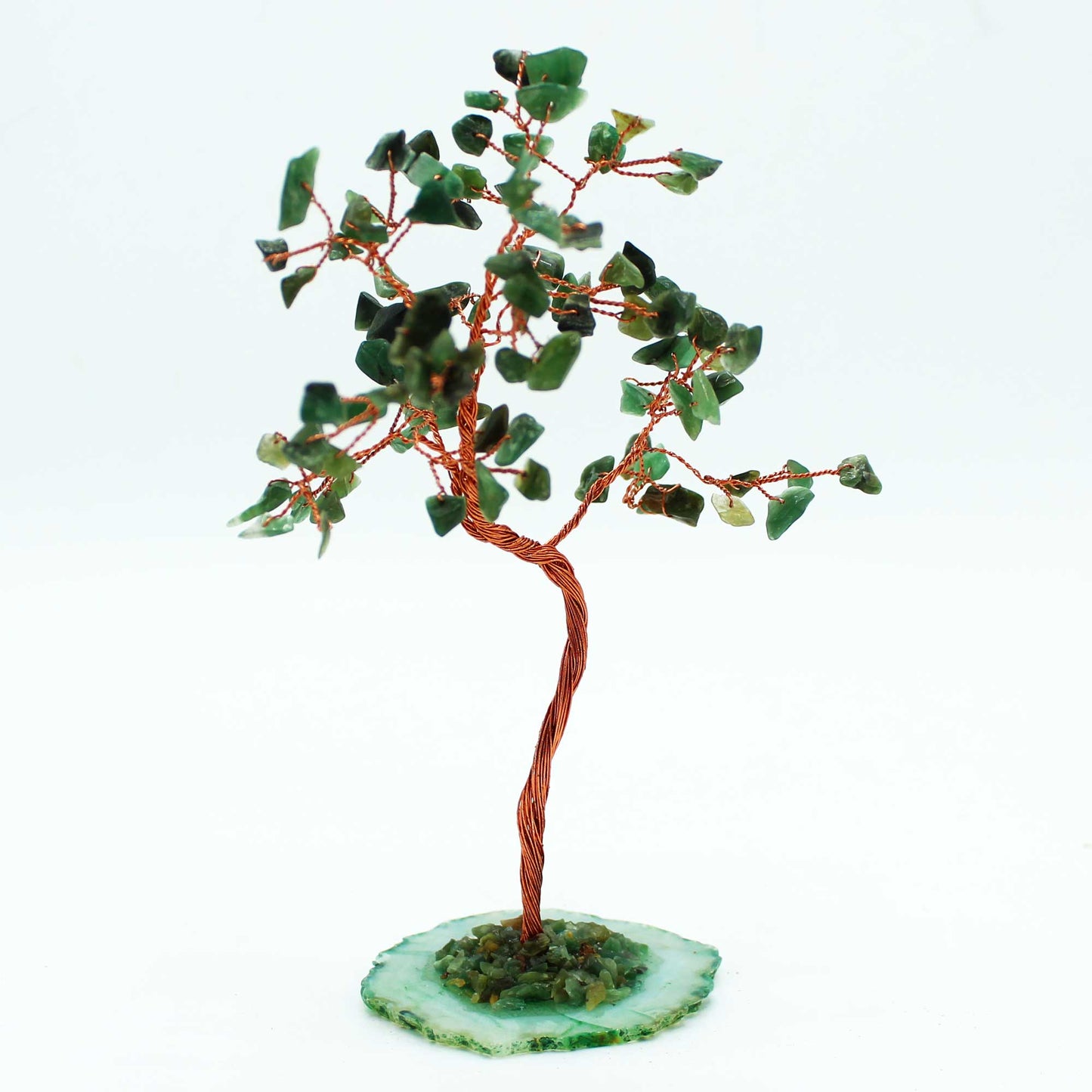 Grand arbre à pierres précieuses : Aventurine verte sur base d'agate verte (100 pierres)