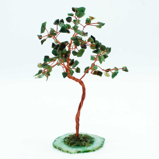 Grand arbre à pierres précieuses : Aventurine verte sur base d'agate verte (100 pierres)