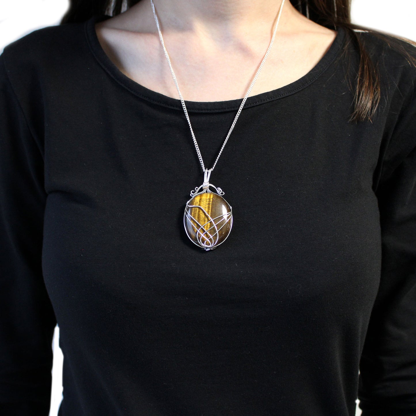 Collier en pierres précieuses enveloppées en cascade - Œil de tigre brut