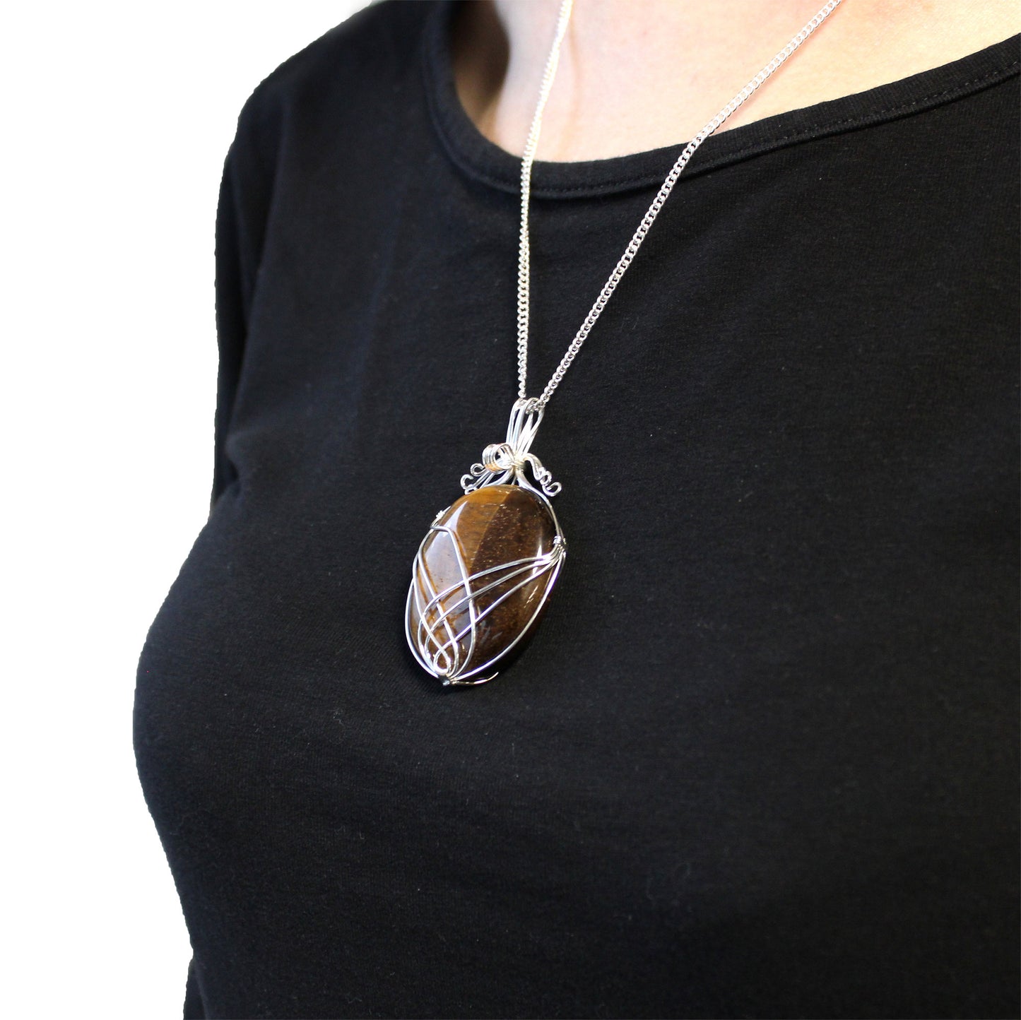 Collier en pierres précieuses enveloppées en cascade - Œil de tigre brut
