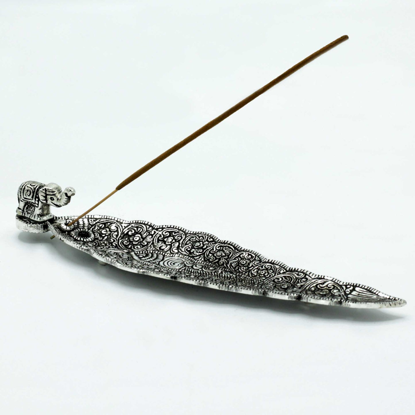 Porte-encens long éléphant en aluminium poli 20 cm