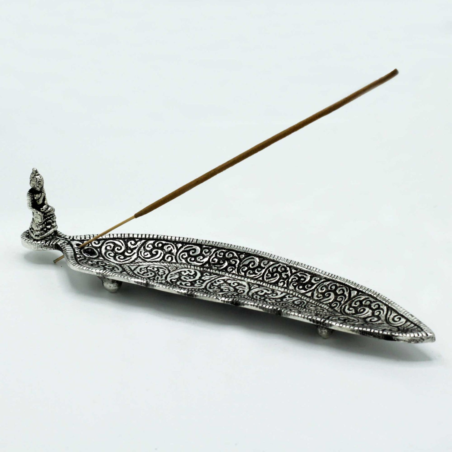 Porte-encens long Bouddha en aluminium poli 23 cm