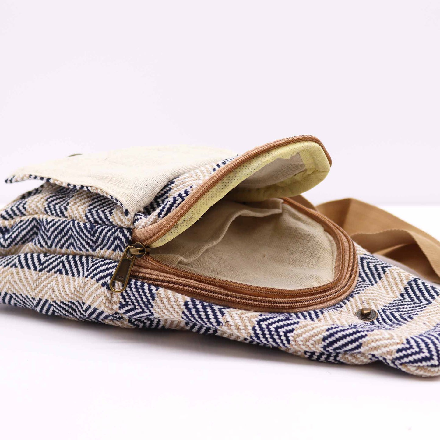 Sac bandoulière en coton naturel - Marron clair et bleu marine