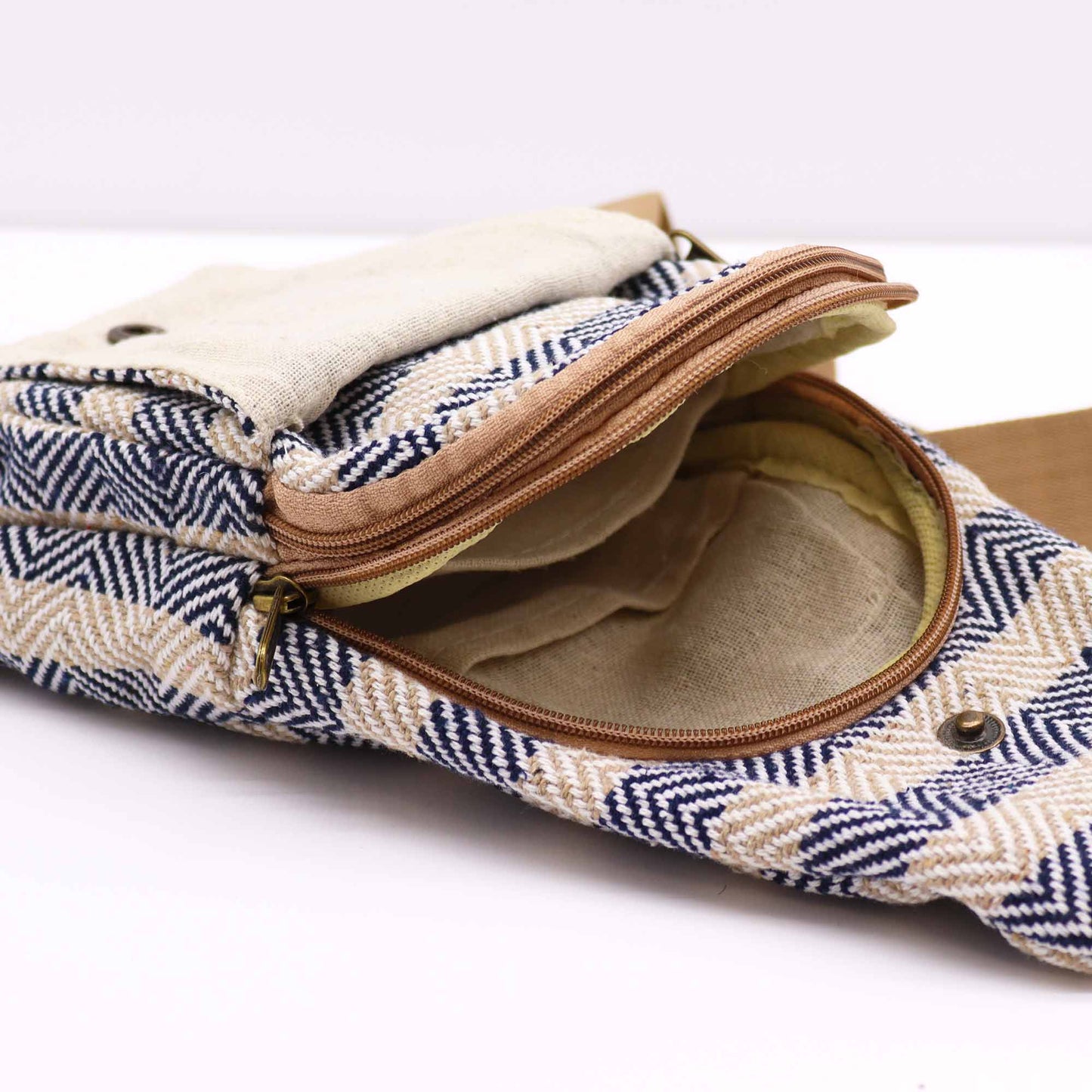 Sac bandoulière en coton naturel - Marron clair et bleu marine