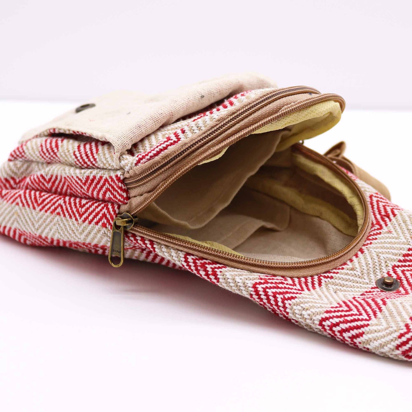 Sac bandoulière en coton naturel - Marron clair et rose