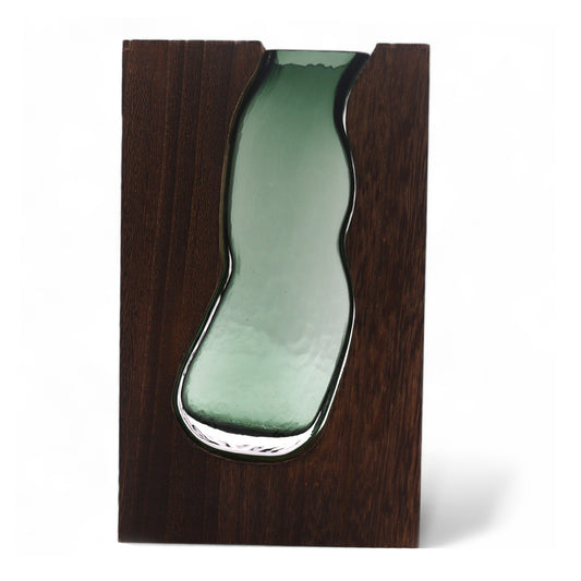 Vase en verre / Terrarium en bois de tung foncé - 14,5 x 5 x 23 cm