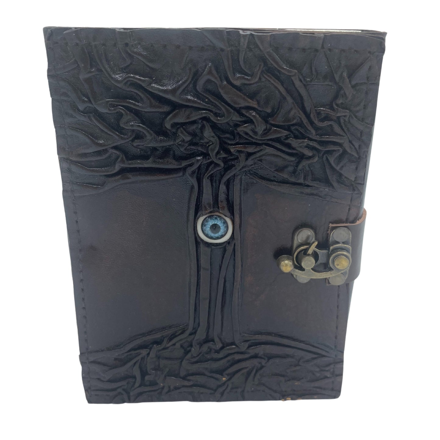 Carnet de notes marron foncé avec bords usés et motif « mauvais œil »