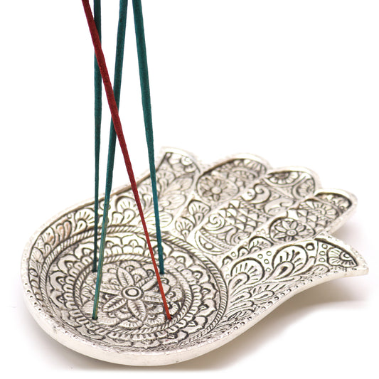 Porte-encens Hamsa en aluminium poli 18 x 13 cm
