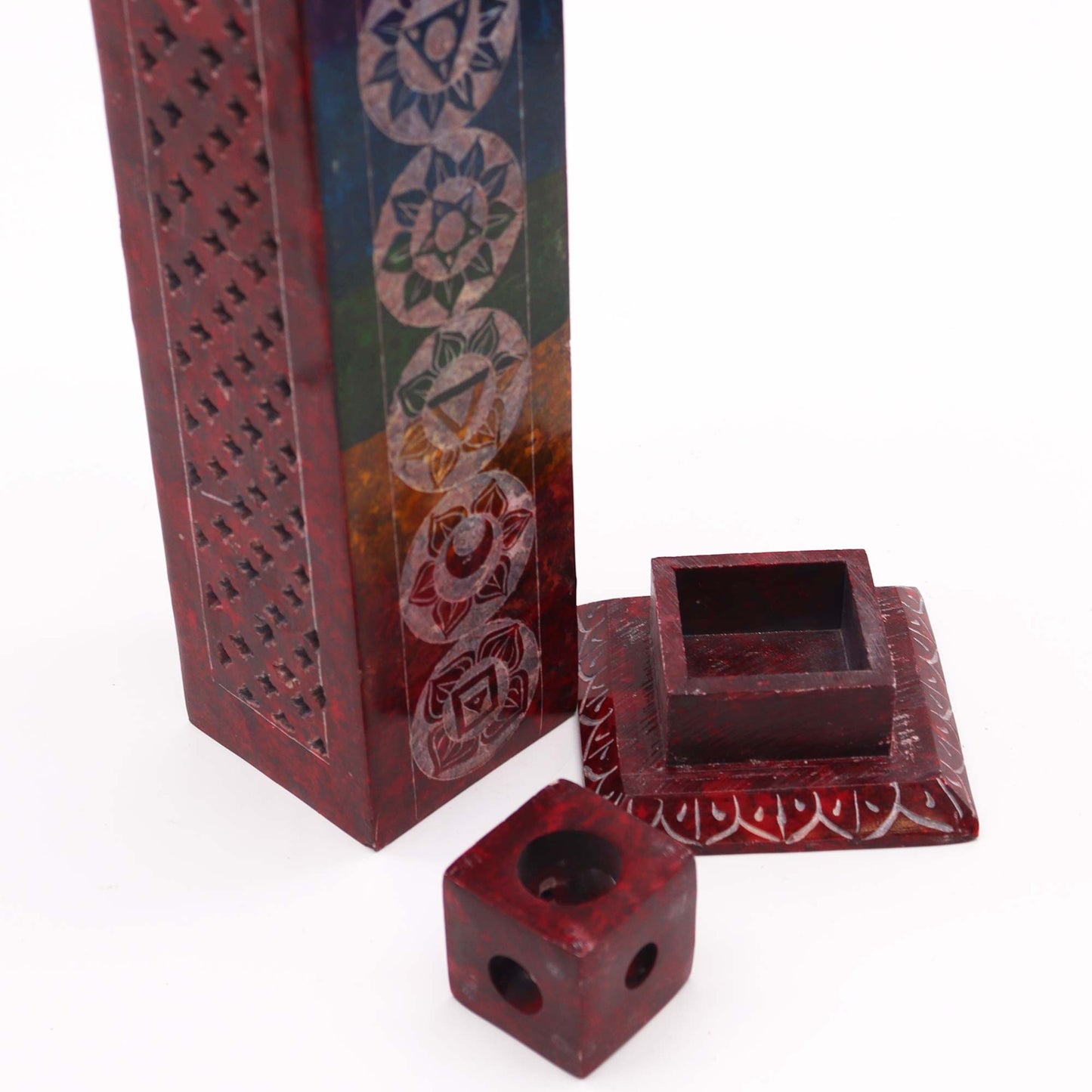 Porte-encens carré en pierre ollaire 25 cm - 7 chakras