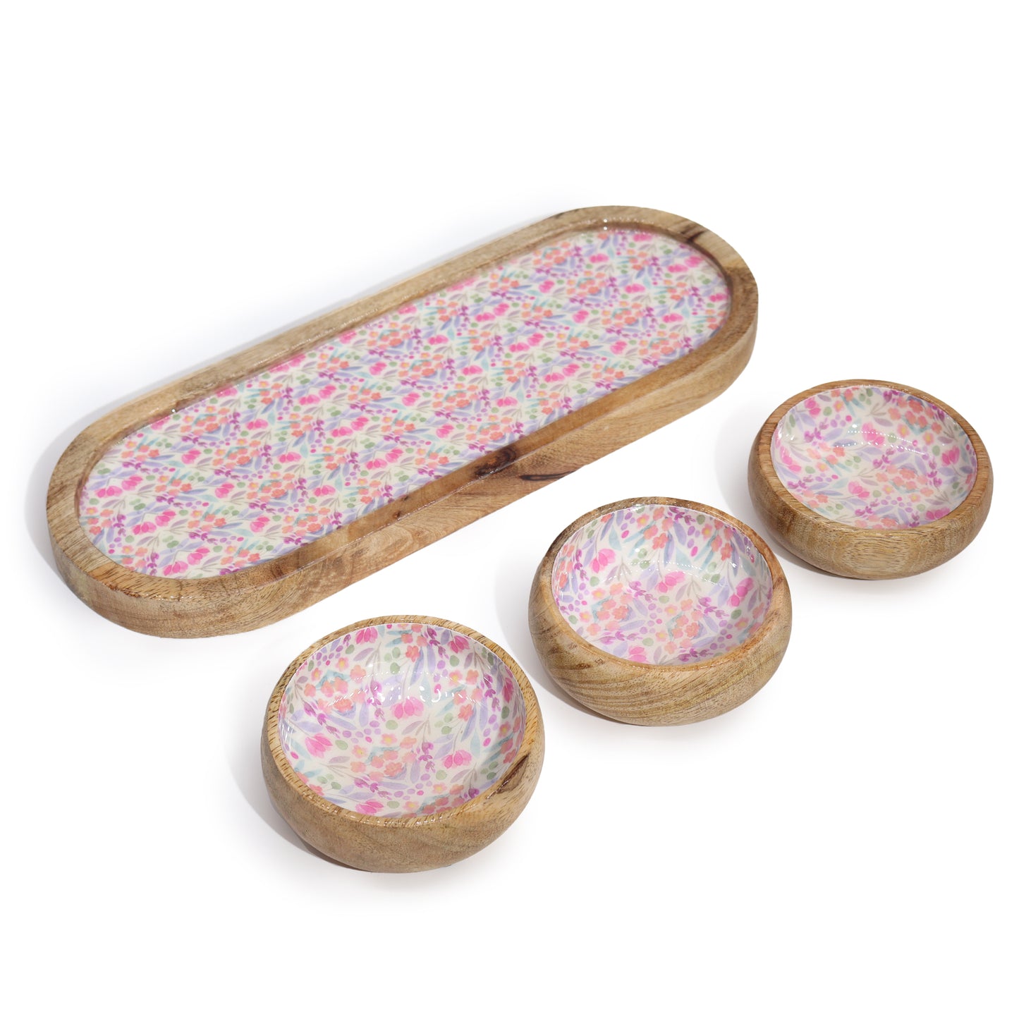 Plateau en bois de manguier avec 3 bols - Floral