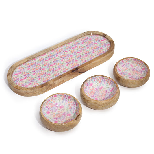 Plateau en bois de manguier avec 3 bols - Floral