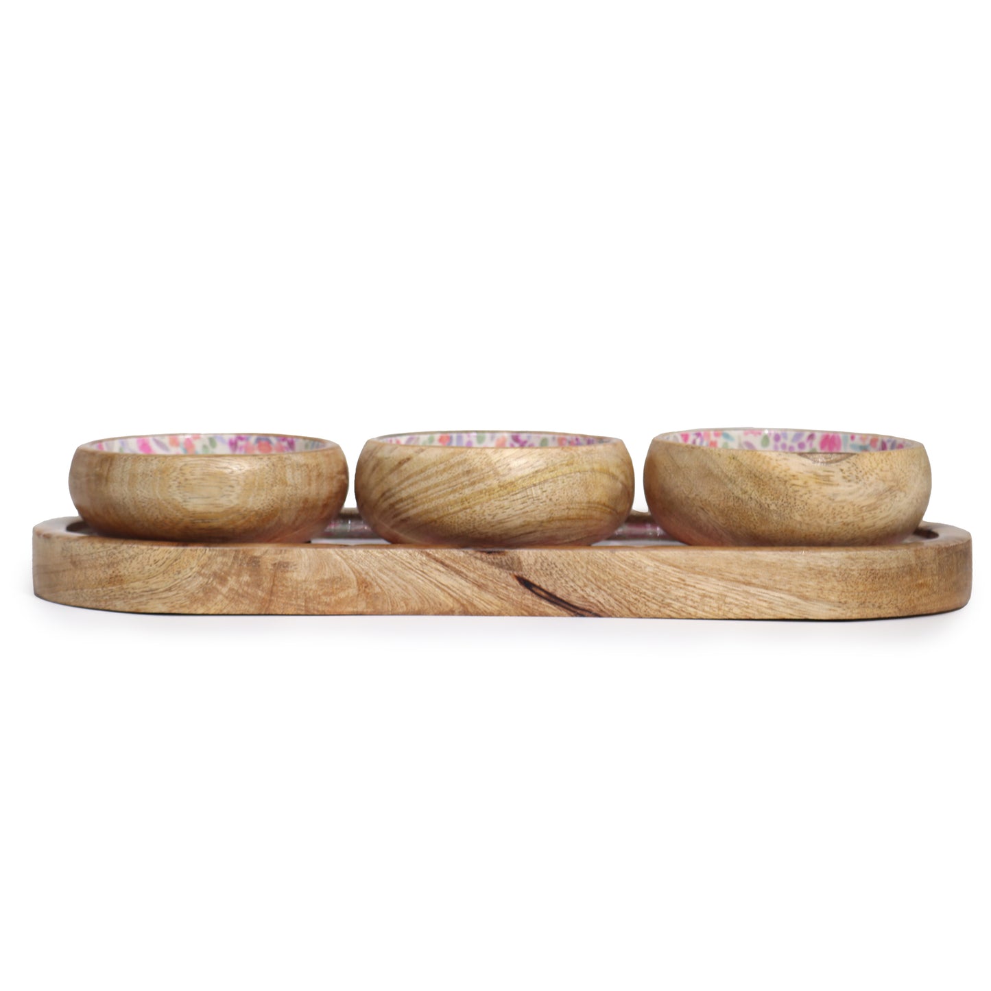 Plateau en bois de manguier avec 3 bols - Floral