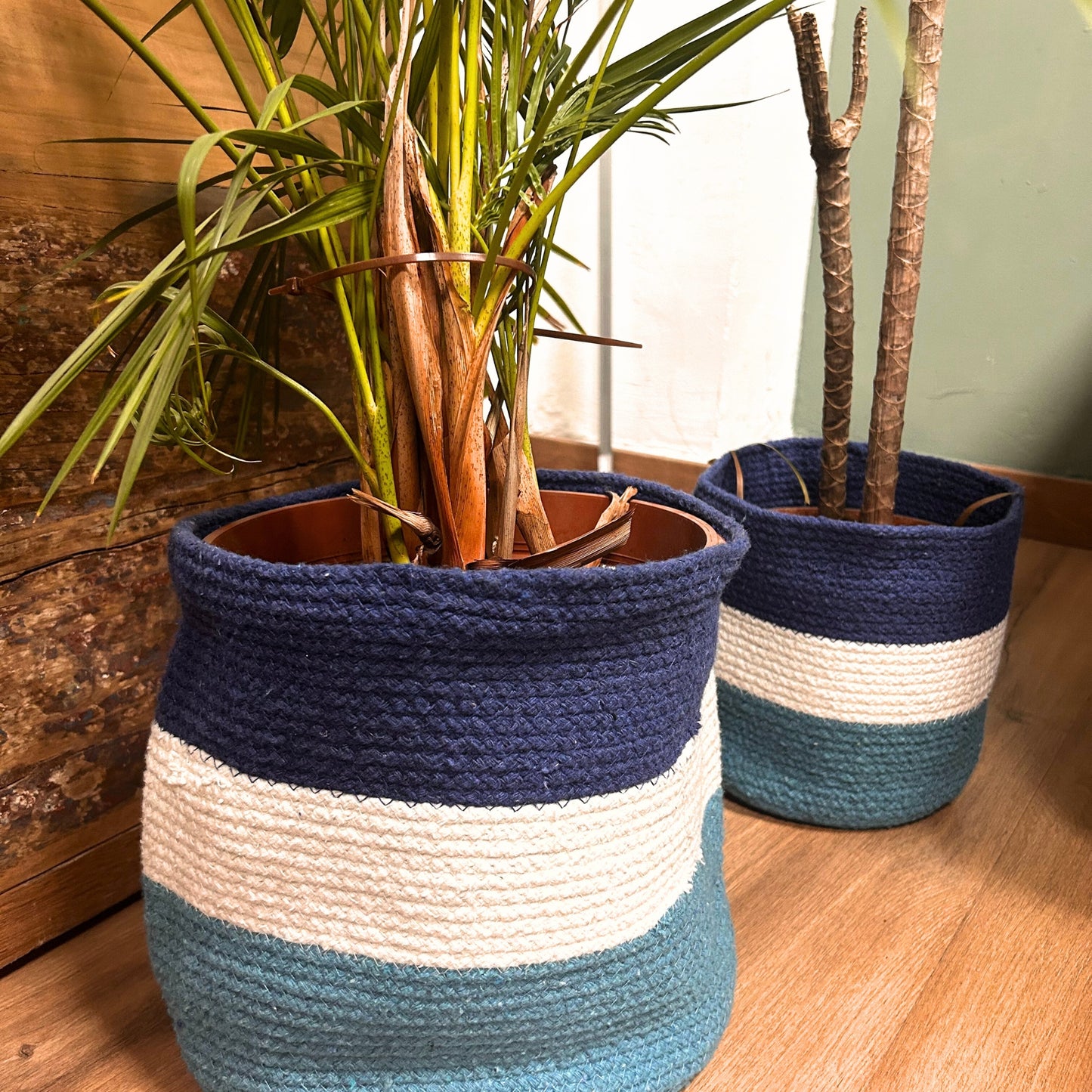 Lot de 3 paniers en corde de jute avec mauvais œil - 15cm / 20cm / 25cm