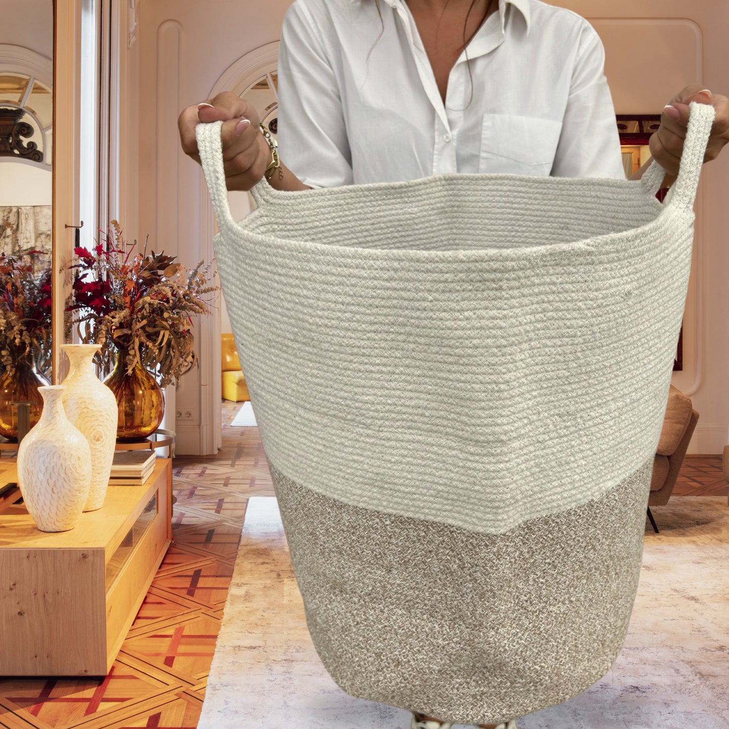 Grand panier en corde de coton 45x40cm - Beige