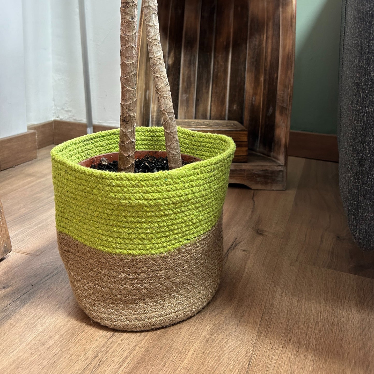 Lot de 3 paniers en coton et jute - Pistache