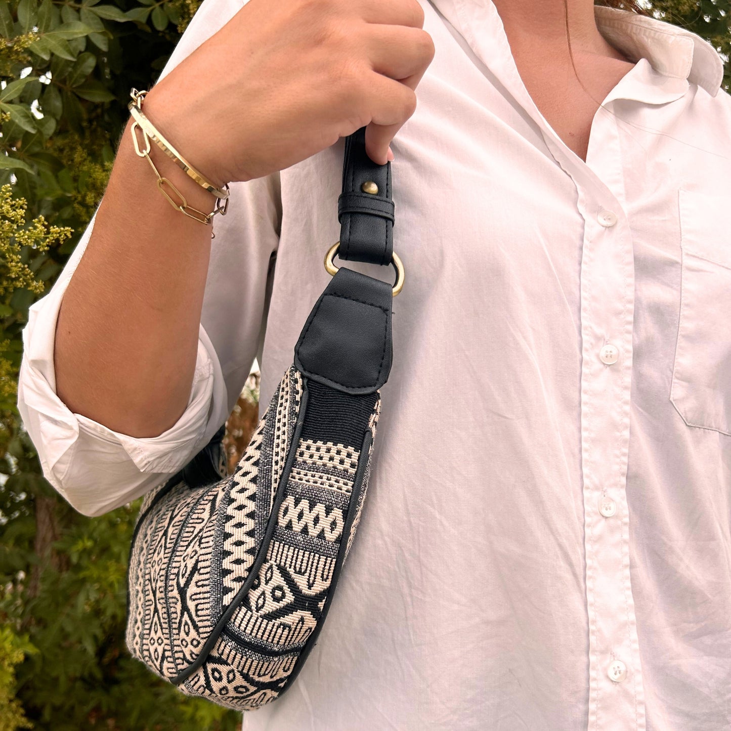 Sac hobo Jacquard - Gris métro (bandoulière noire)