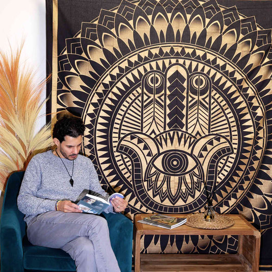 Couette double en coton + tenture murale - Hamsa - Noir et or