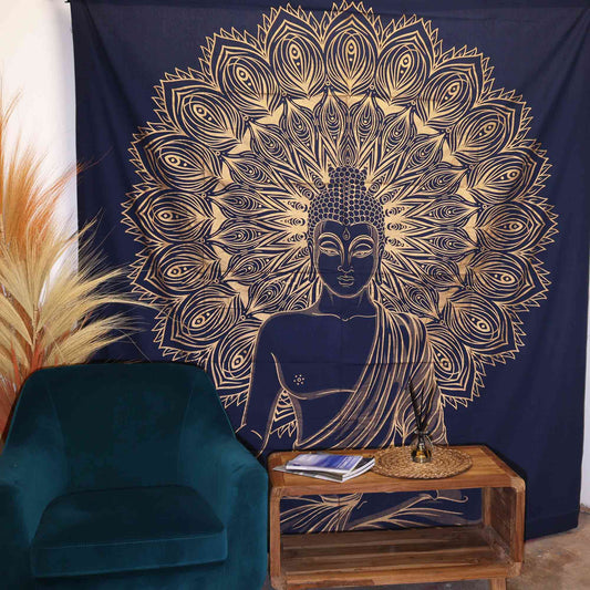 Couette double en coton + tenture murale - Bouddha - Bleu doré
