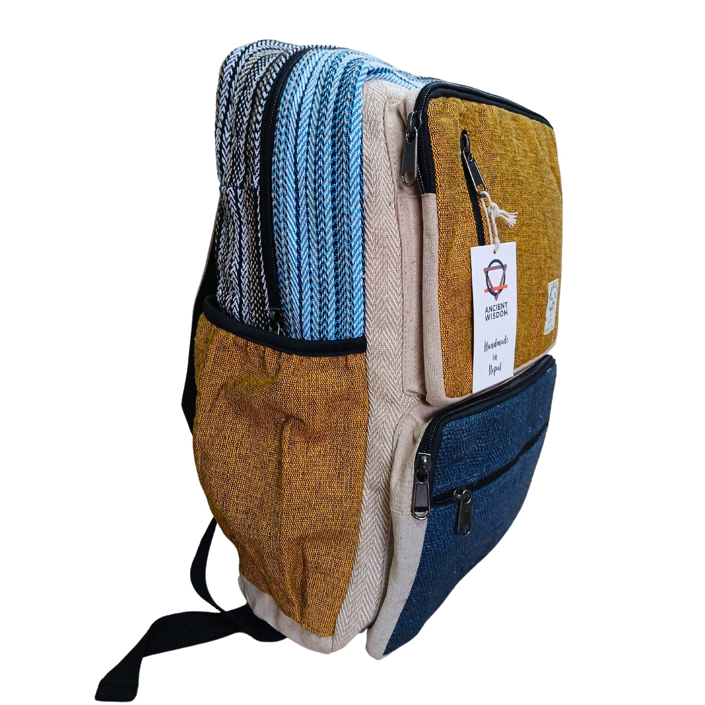Grand sac à dos en chanvre - Bleu sarcelle et curcuma